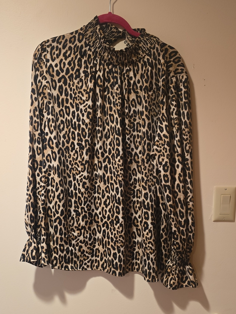 H&M Leopard Print Smocked Neck Long Sleeve Blouse - Beige & Black